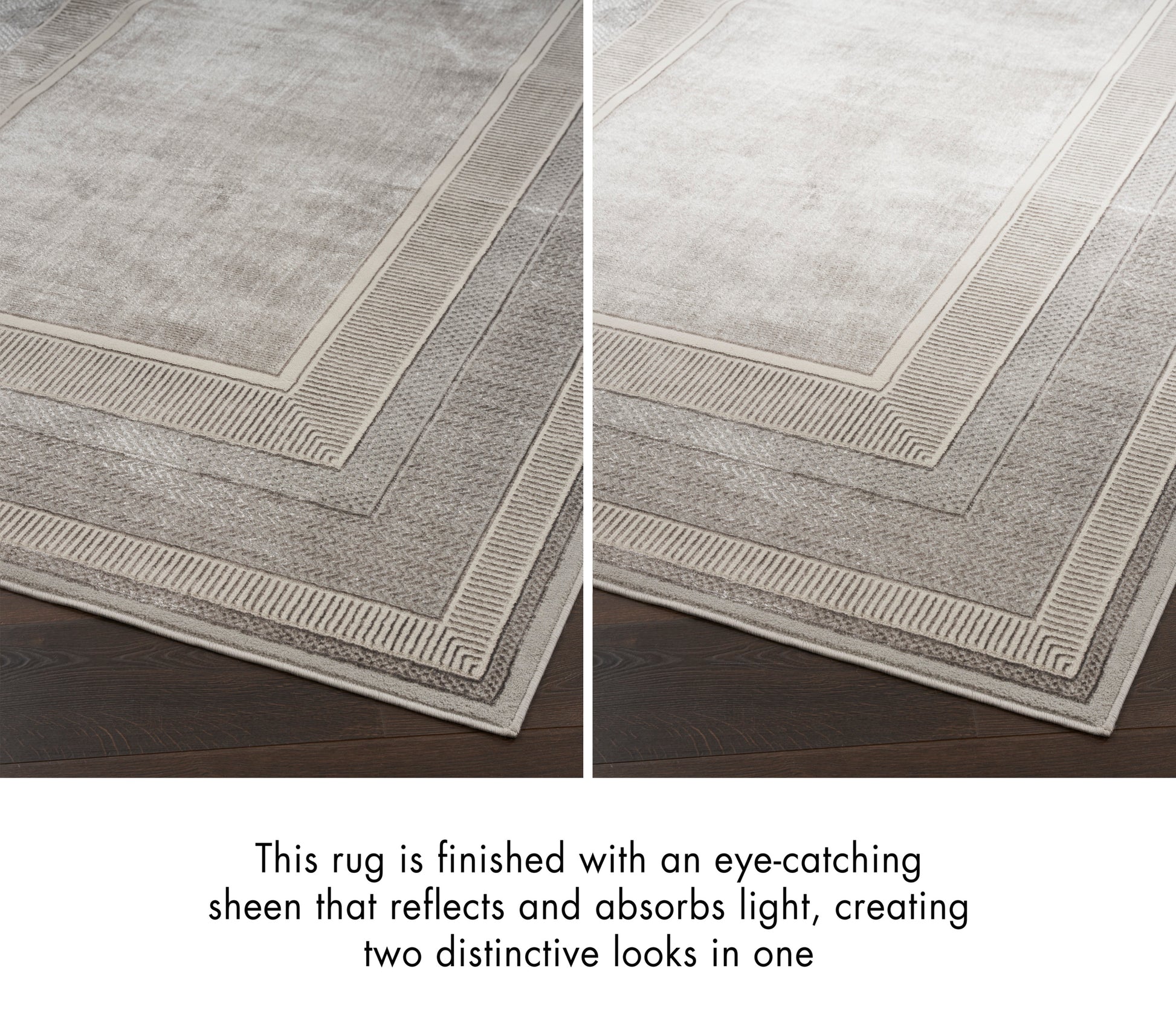Light gray area rug with layered borders and a shimmering sheen that shifts with light; modern rectangular living-room rug.