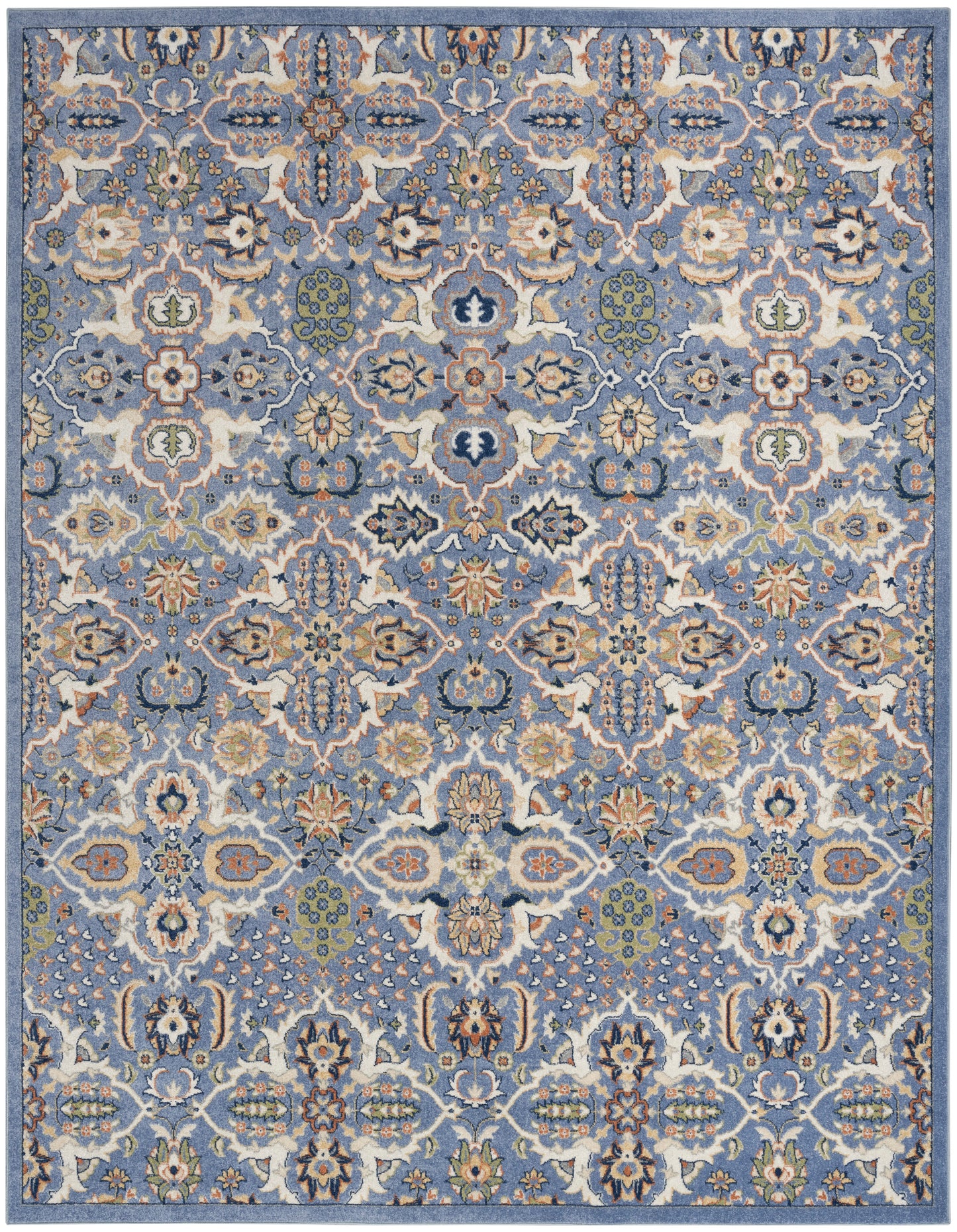Blue oriental rug with intricate cream, beige and green floral medallion pattern and decorative border.