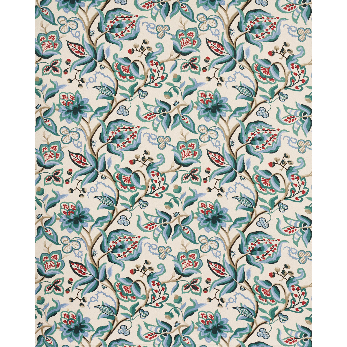Floral wallpaper with teal and blue flowers, twisting vines, and red accents on a cream background.