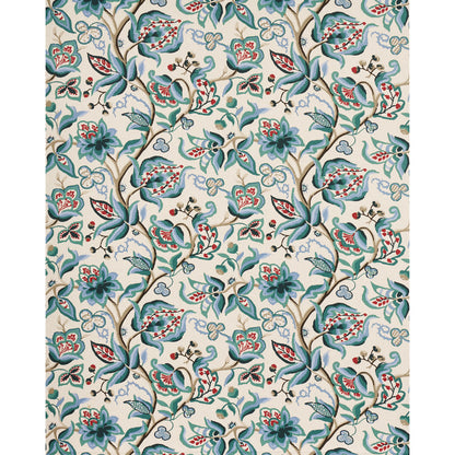 Floral wallpaper with teal and blue flowers, twisting vines, and red accents on a cream background.
