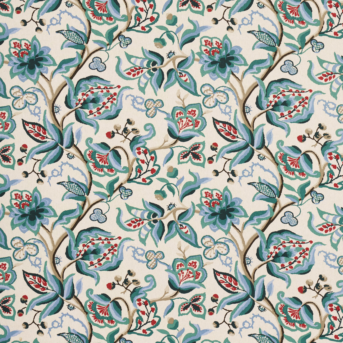 Teal-blue floral pattern with twisting vines, green leaves and red berry accents on a cream background.