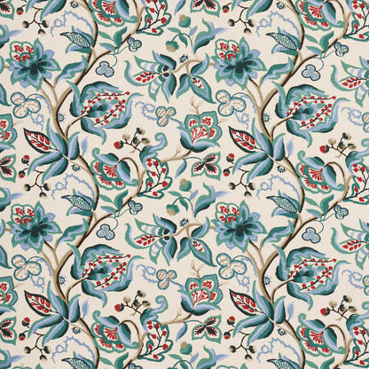 Teal-blue floral pattern with twisting vines, green leaves and red berry accents on a cream background.