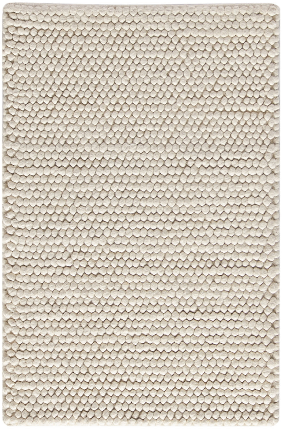 Beige rectangular plush rug with tiny bubble-like tufted texture, soft bath or entryway mat.