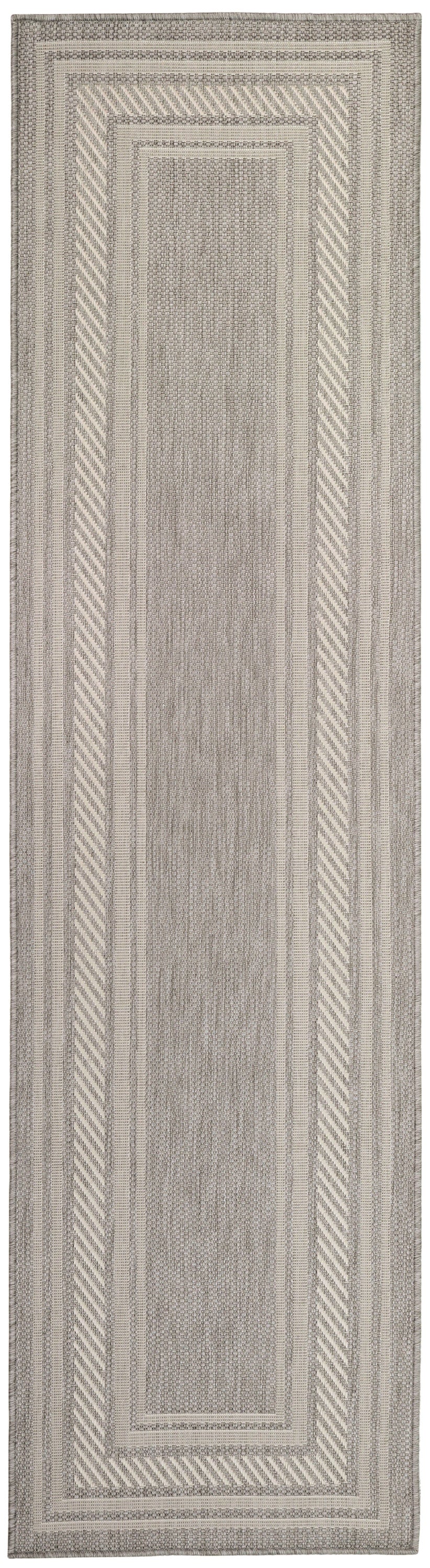 Neutral beige & taupe woven rug with nested rectangular borders and diagonal stripe edges.