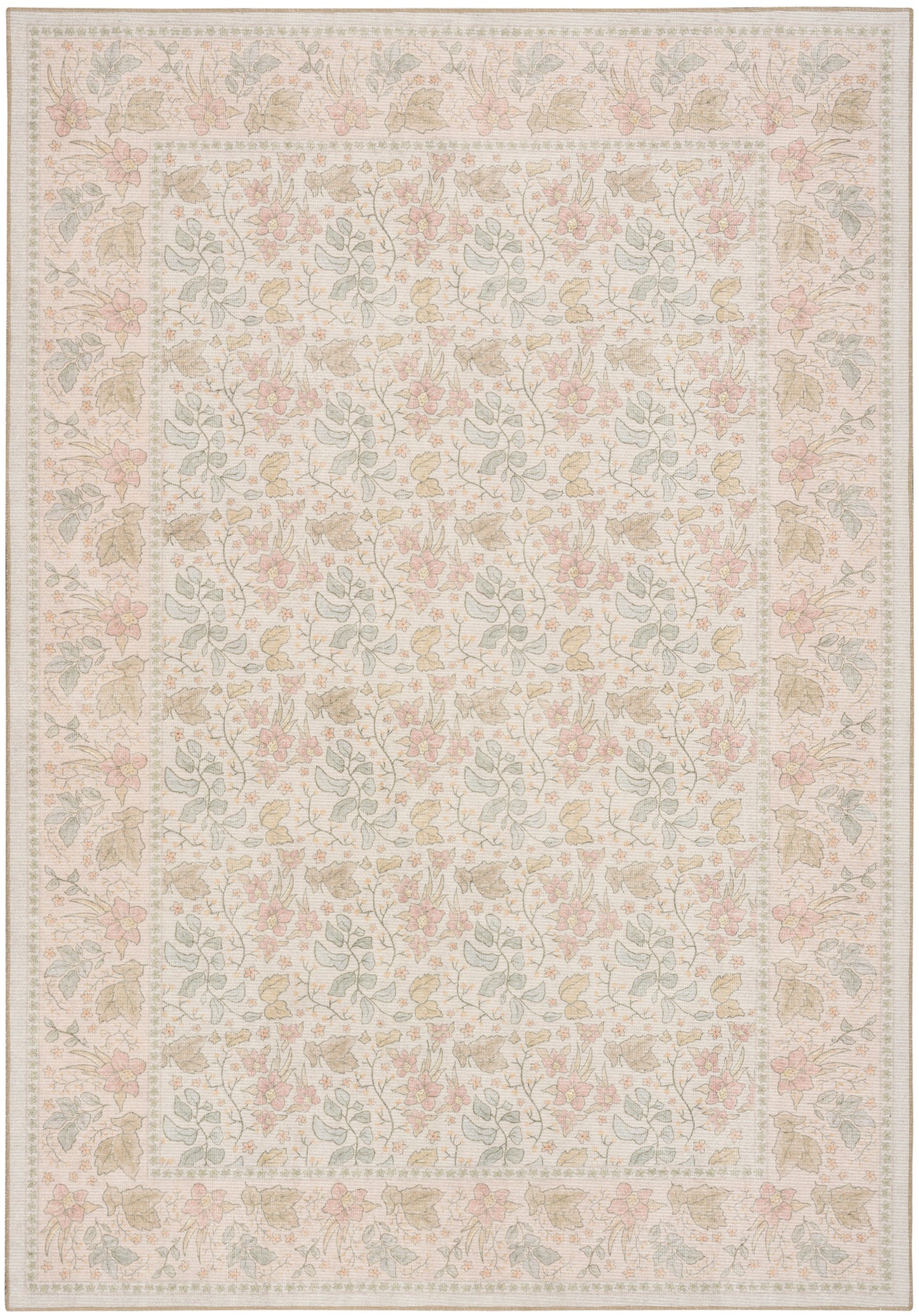 Pastel floral area rug with cream background, pale pink and blue accents; rectangular Persian-inspired pattern and border.