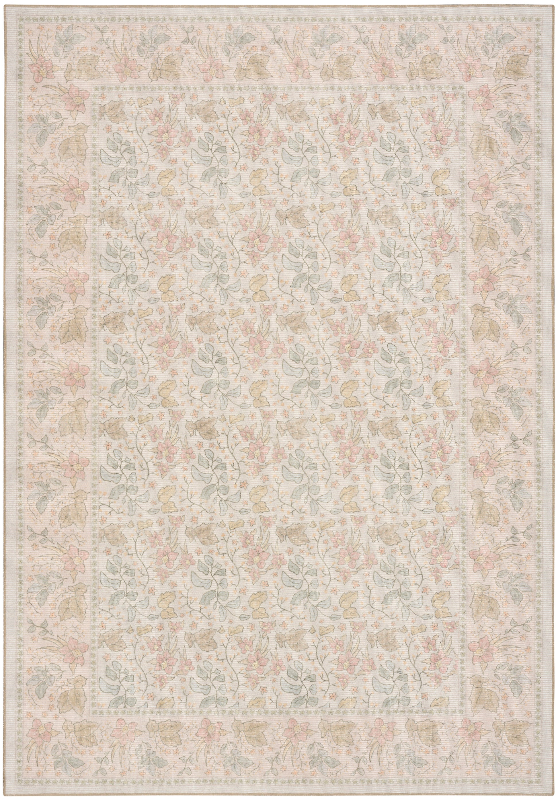 Pastel floral area rug with cream background, pale pink and blue accents; rectangular Persian-inspired pattern and border.