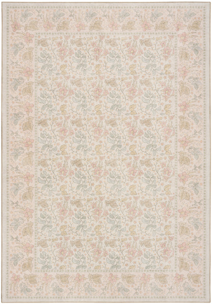 Pastel floral area rug with cream background, pale pink and blue accents; rectangular Persian-inspired pattern and border.