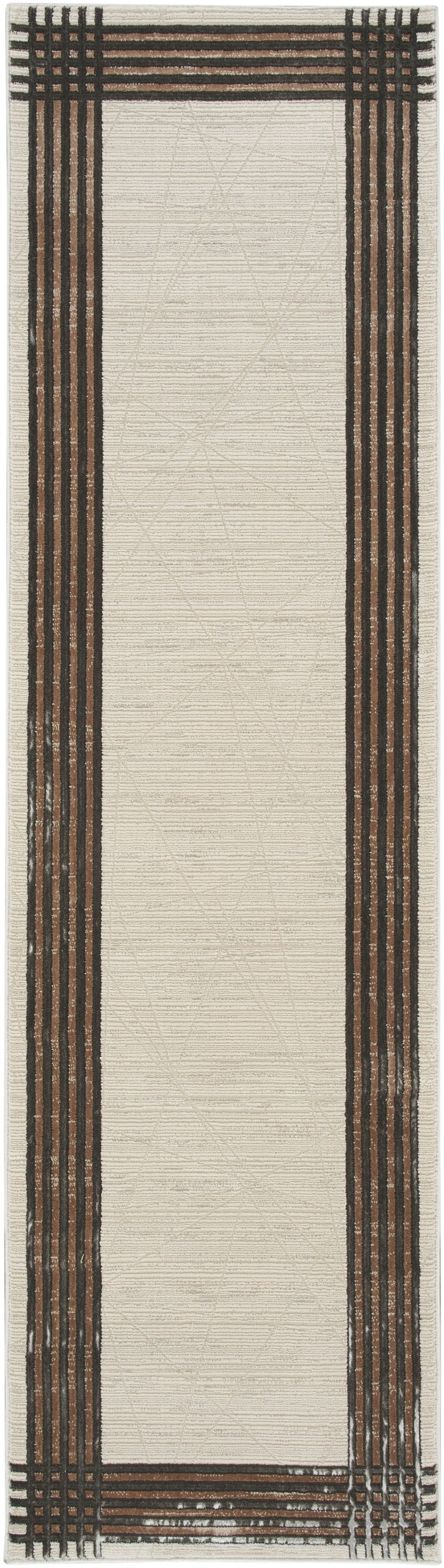 Woven runner rug with a cream central panel and dark brown striped borders creating a framed look.