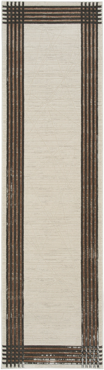 Woven runner rug with a cream central panel and dark brown striped borders creating a framed look.