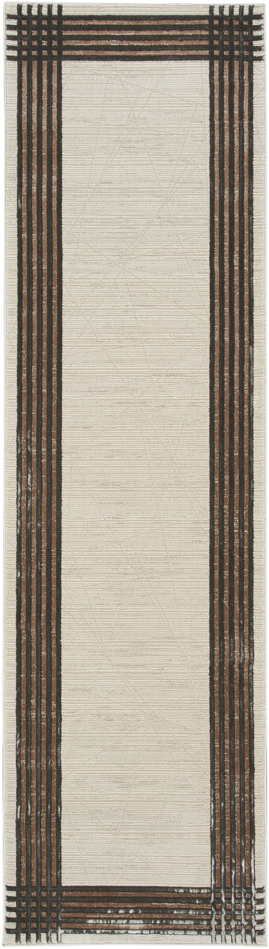 Woven runner rug with a cream central panel and dark brown striped borders creating a framed look.