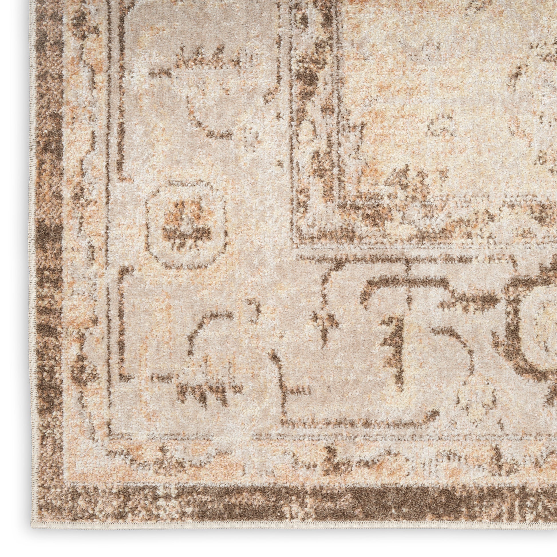 Beige oriental rug with brown border and muted floral motifs; rectangular, soft woven pile for living room decor.