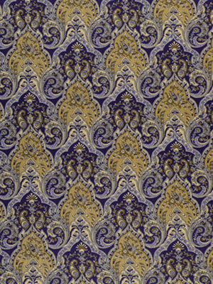 Gold and purple damask pattern with ornate, repeating motifs on a dark background.