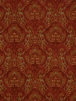 Red damask fabric with gold ornate floral pattern and repeating motifs.