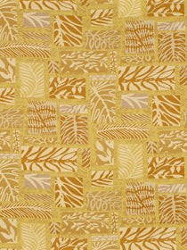 Golden yellow patchwork textile with cream leaf motifs; rectangular woven blocks, warm botanical quilt-like fabric.