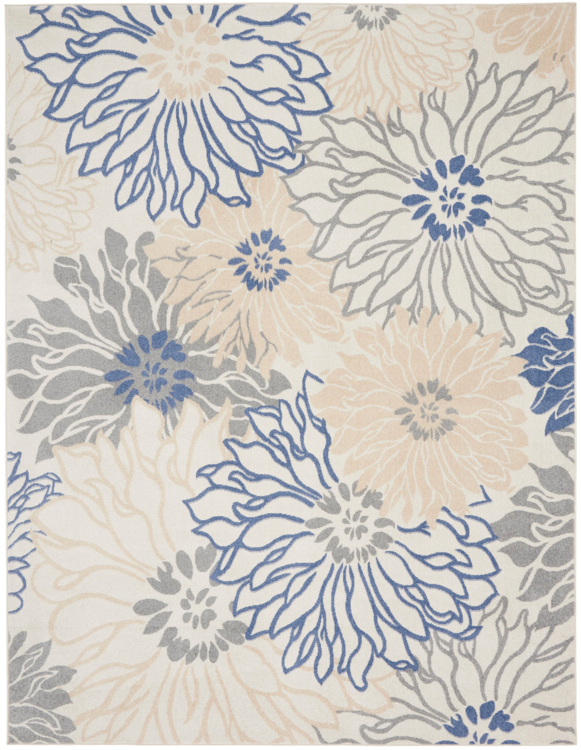 Rectangular area rug with oversized blue & peach & gray floral blooms on ivory background.