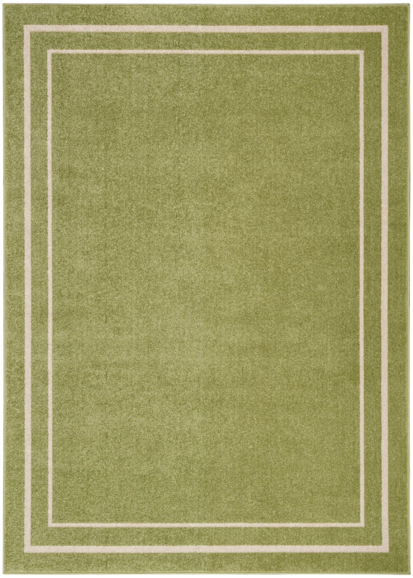 Olive green rectangular rug with pale beige nested borders, plush texture, modern minimalist style.