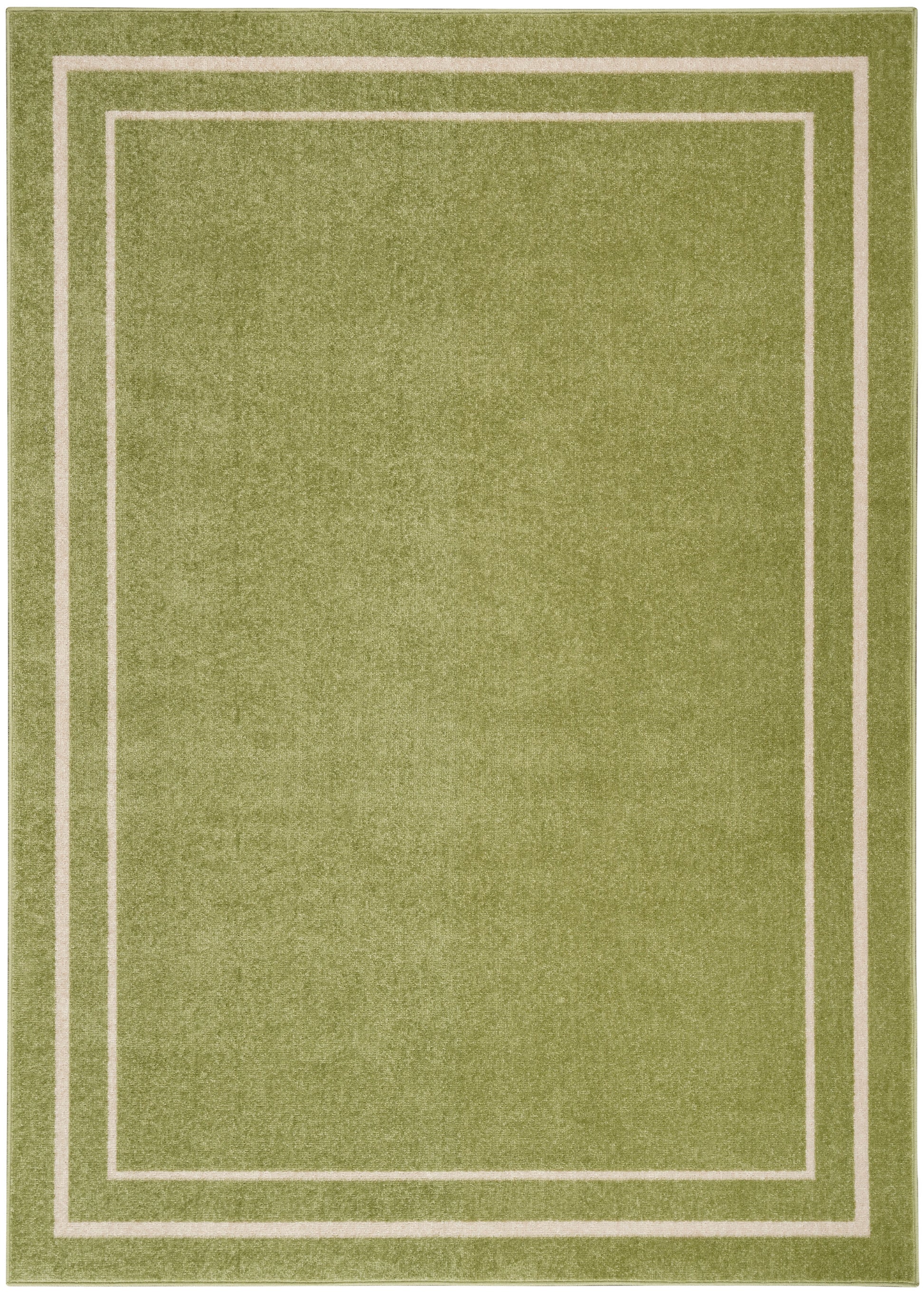 Olive green rectangular rug with pale beige nested borders, plush texture, modern minimalist style.