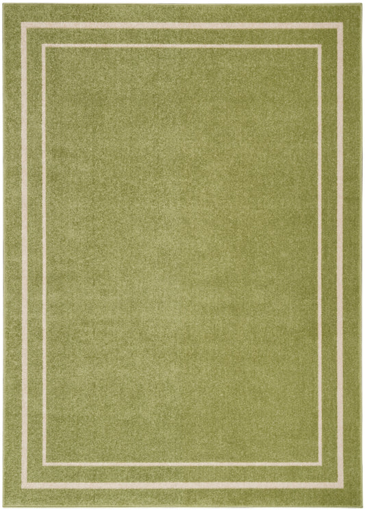 Olive green rectangular rug with pale beige nested borders, plush texture, modern minimalist style.