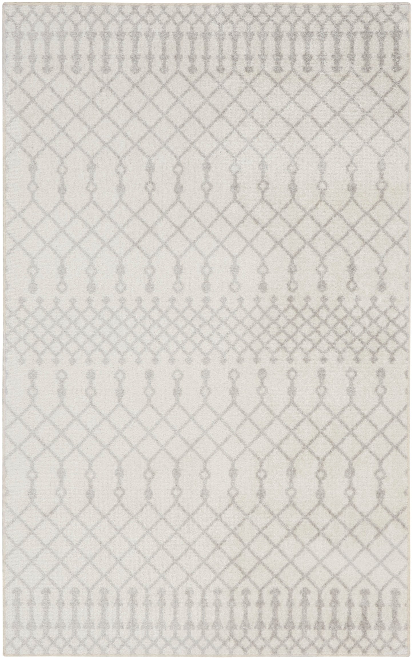 Light gray rug with pale ivory diamond lattice & dotted vertical motifs in horizontal bands; modern geometric design.