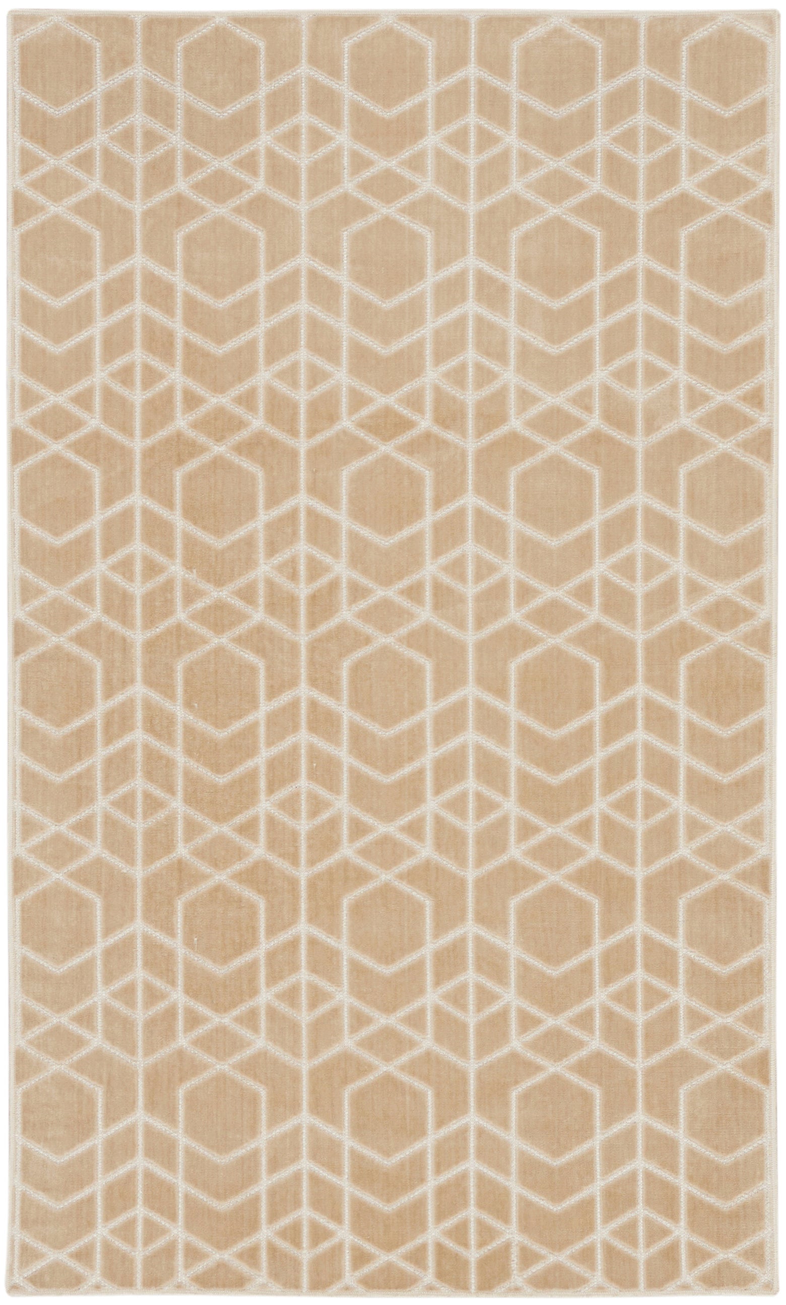 Beige rectangular woven rug with white interlocking hexagon geometric pattern; neutral living room area rug.