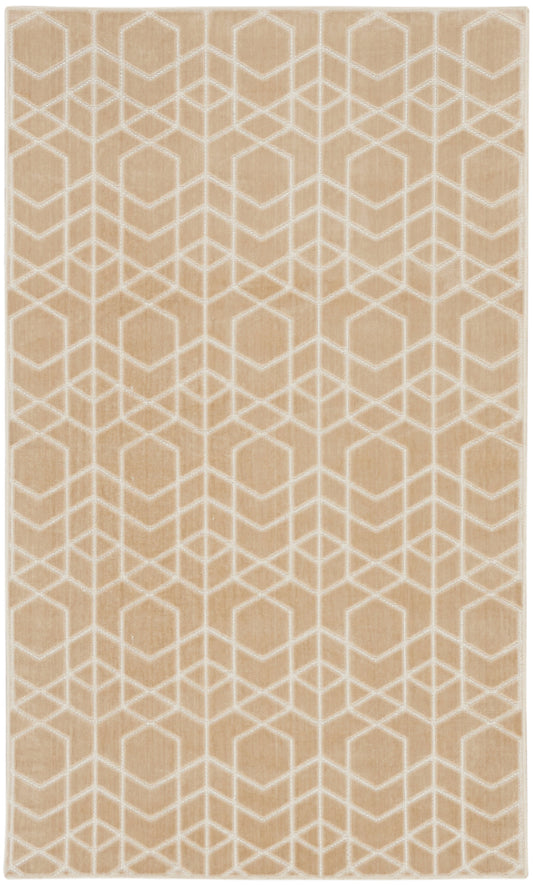 Beige rectangular woven rug with white interlocking hexagon geometric pattern; neutral living room area rug.
