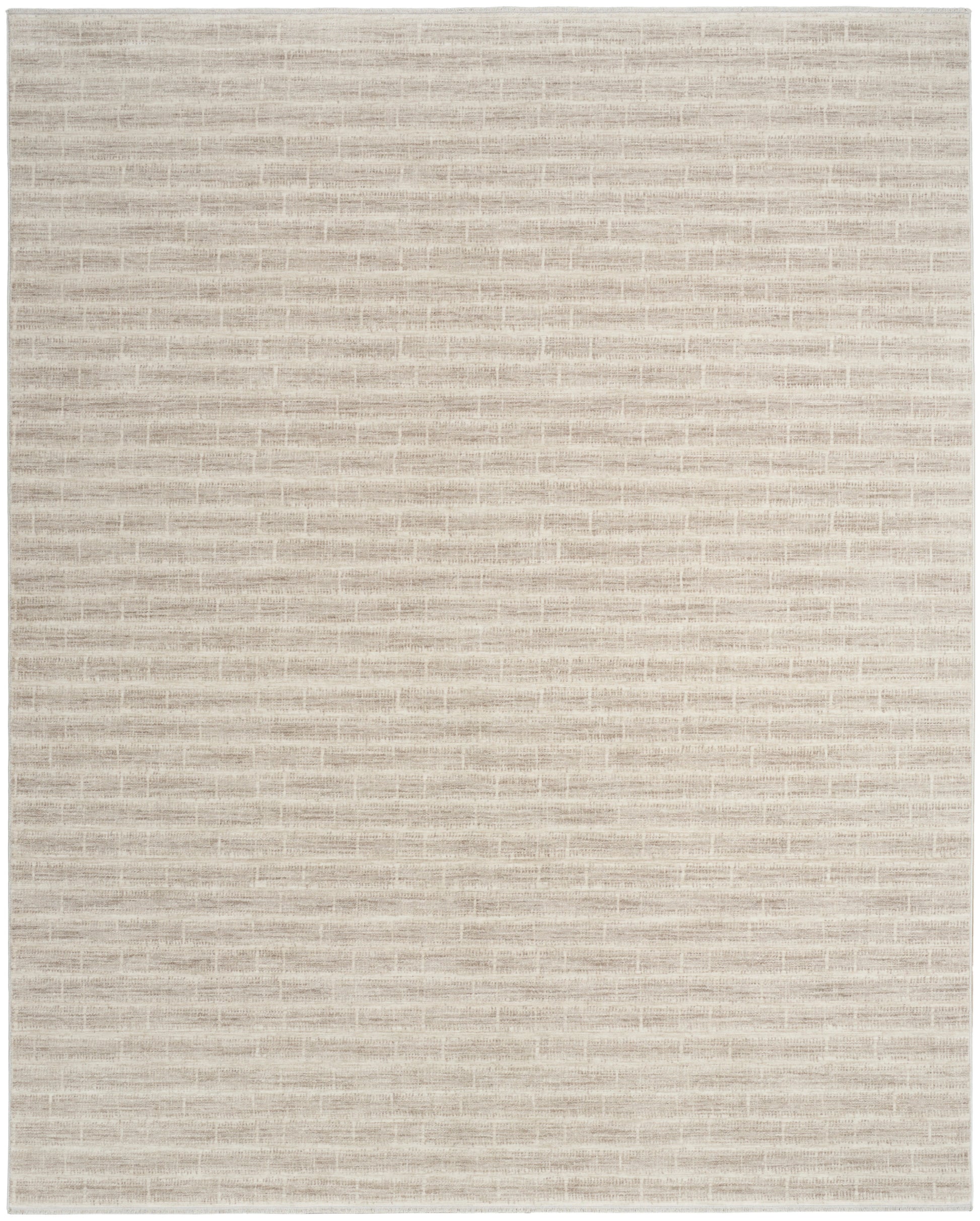 Beige woven area rug with subtle cream & tan horizontal stripes; rectangular, modern living room-ready.