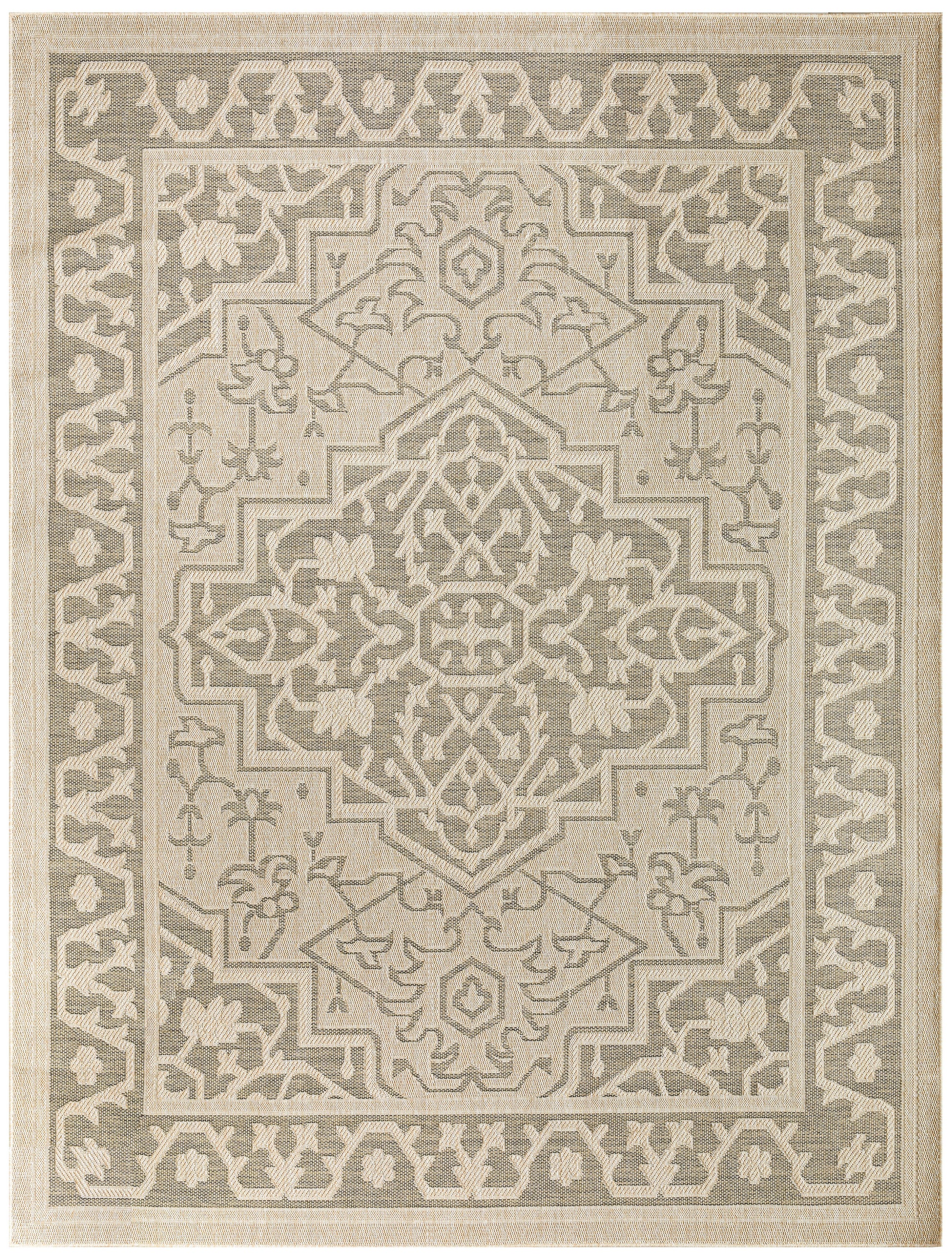 Neutral beige-taupe oriental area rug with distressed look, medallion and floral border; rectangular, machine-woven.