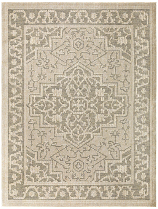 Neutral beige-taupe oriental area rug with distressed look, medallion and floral border; rectangular, machine-woven.