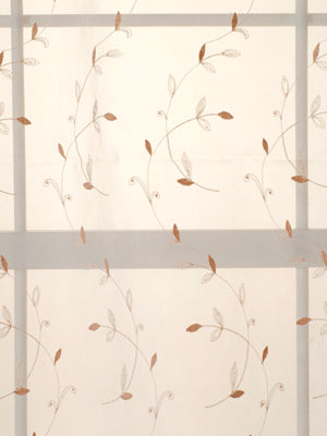 Light sheer curtain with delicate brown vine embroidery and pale leaves, set in a subtle gray grid frame.
