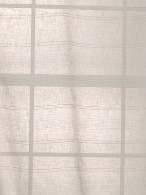 Beige linen-like fabric with light gray windowpane grid & soft texture for curtains or bedding.