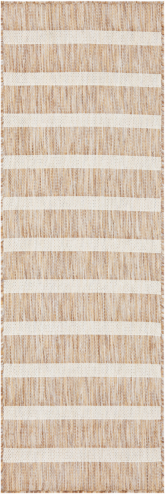 Beige and ivory striped woven rug with chunky textured bands and fringe ends.