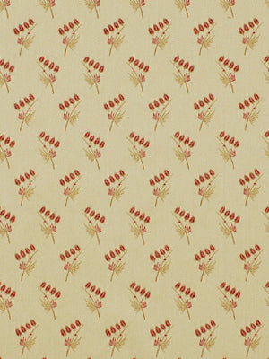 Beige vintage botanical pattern with tiny red berry clusters on slender brown stems.