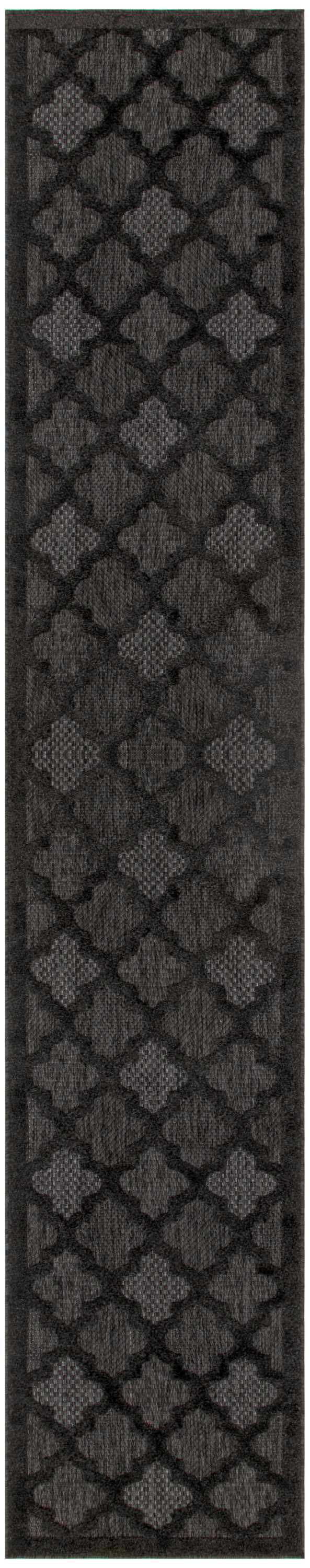 Charcoal rug runner with raised quatrefoil lattice pattern and narrow border.
