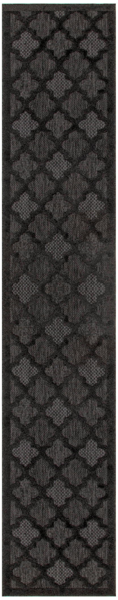 Charcoal rug runner with raised quatrefoil lattice pattern and narrow border.