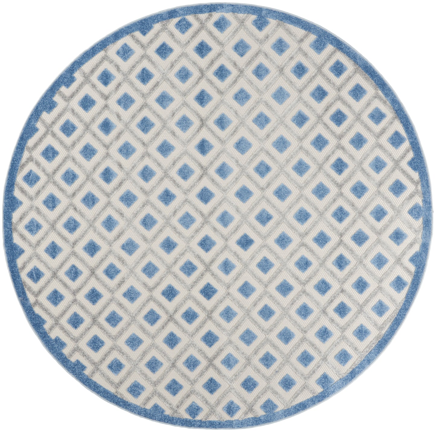 Round rug with light gray background and blue diamond lattice pattern, blue border.