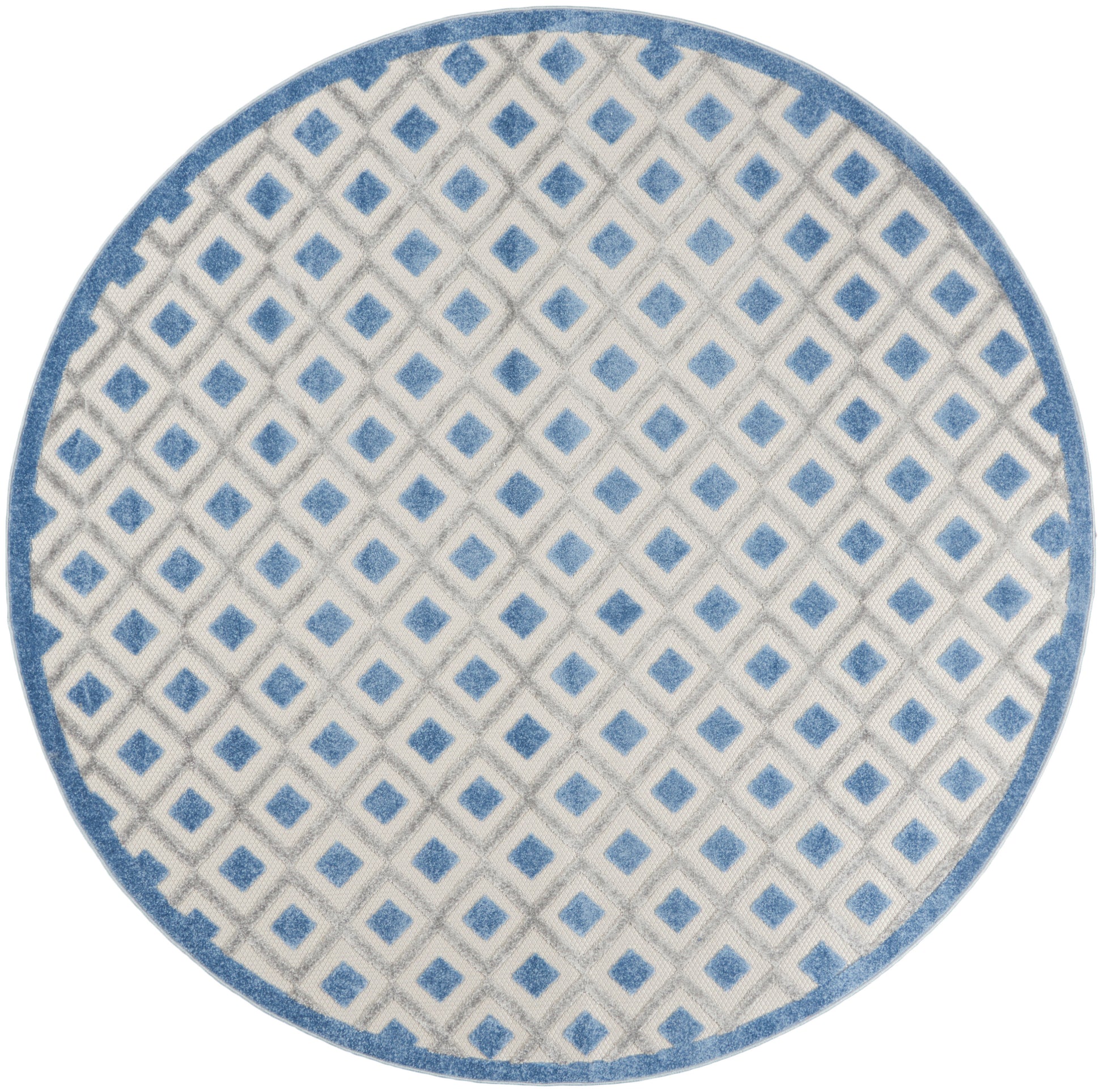 Round rug with light gray background and blue diamond lattice pattern, blue border.