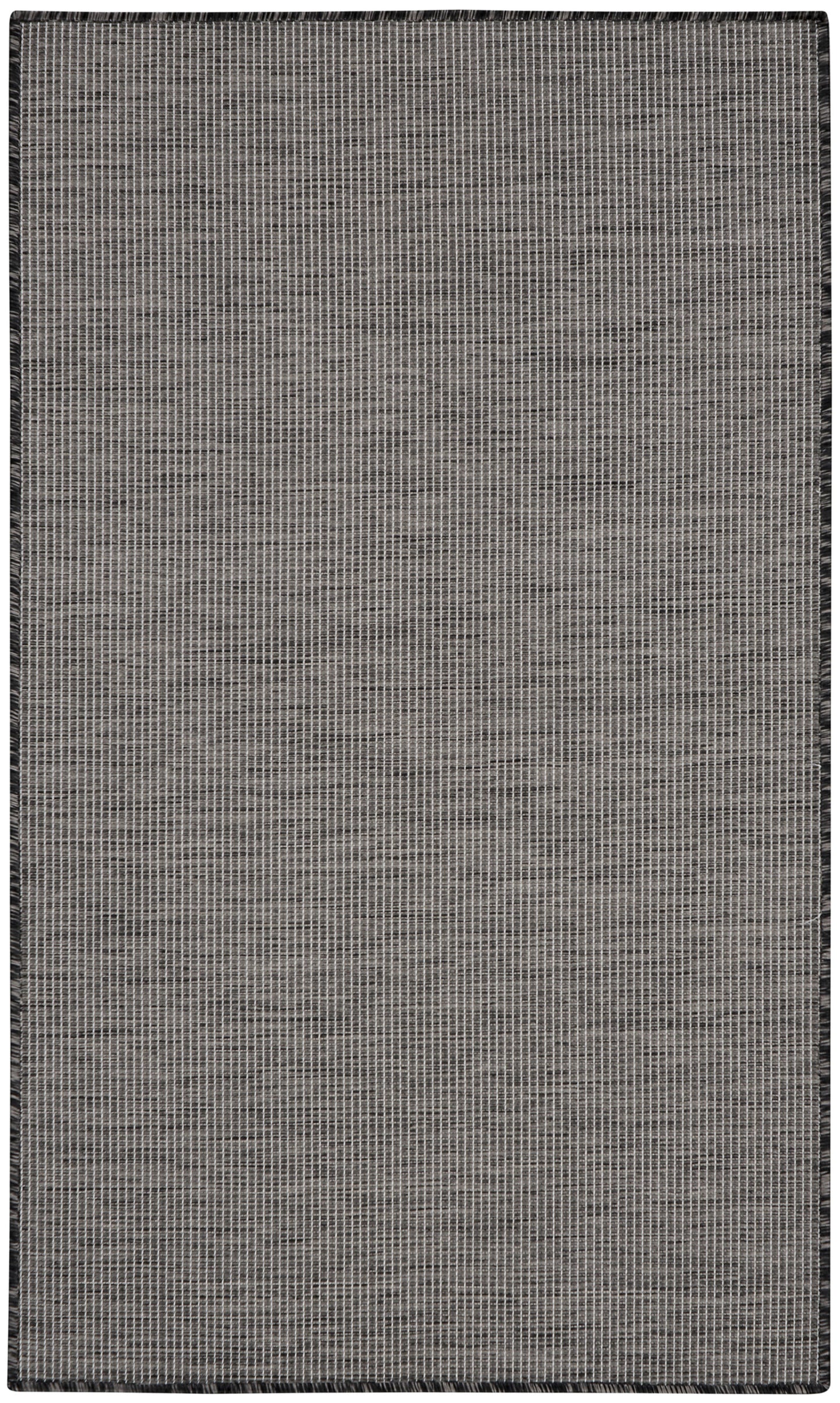Grey flat-weave rug, 3' x 5', with subtle grid pattern and dark border, ideal for hallways.