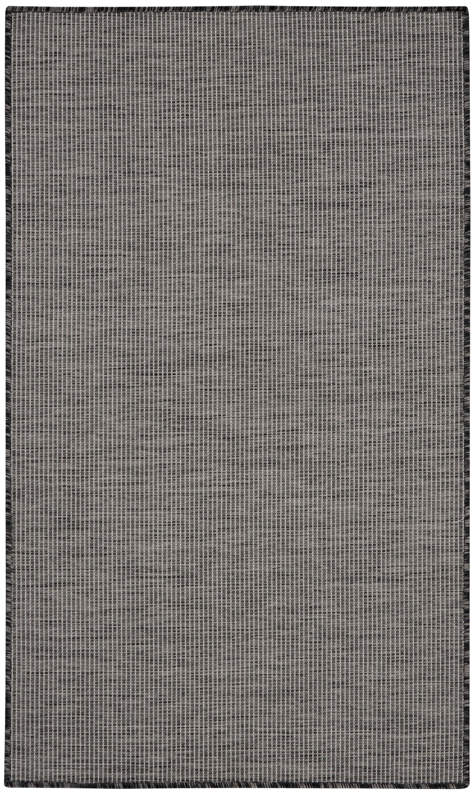 Grey flat-weave rug, 3' x 5', with subtle grid pattern and dark border, ideal for hallways.