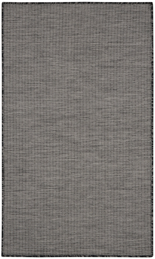 Grey flat-weave rug, 3' x 5', with subtle grid pattern and dark border, ideal for hallways.