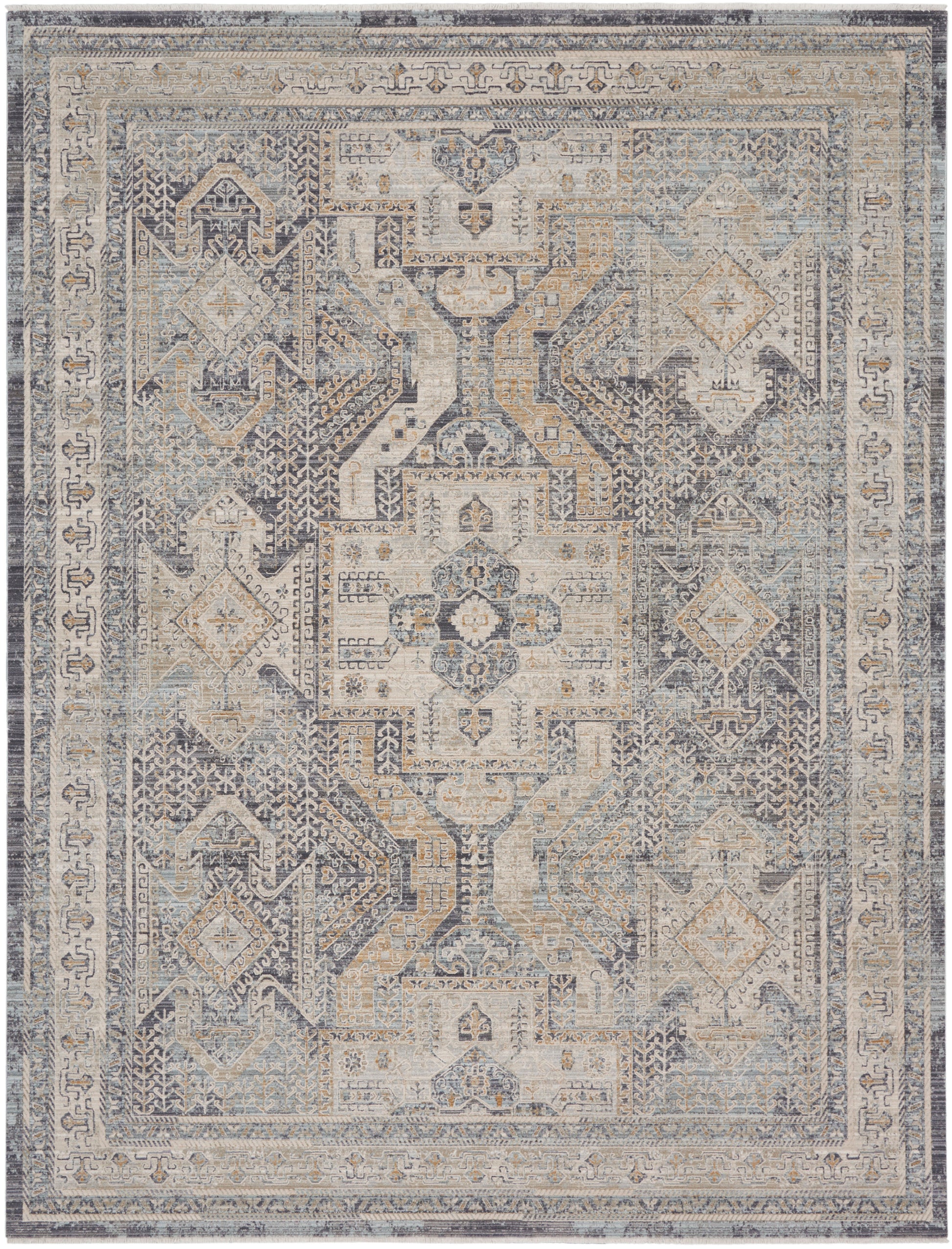 Rectangular distressed oriental area rug in blue, beige and gray with central geometric medallion and layered borders.