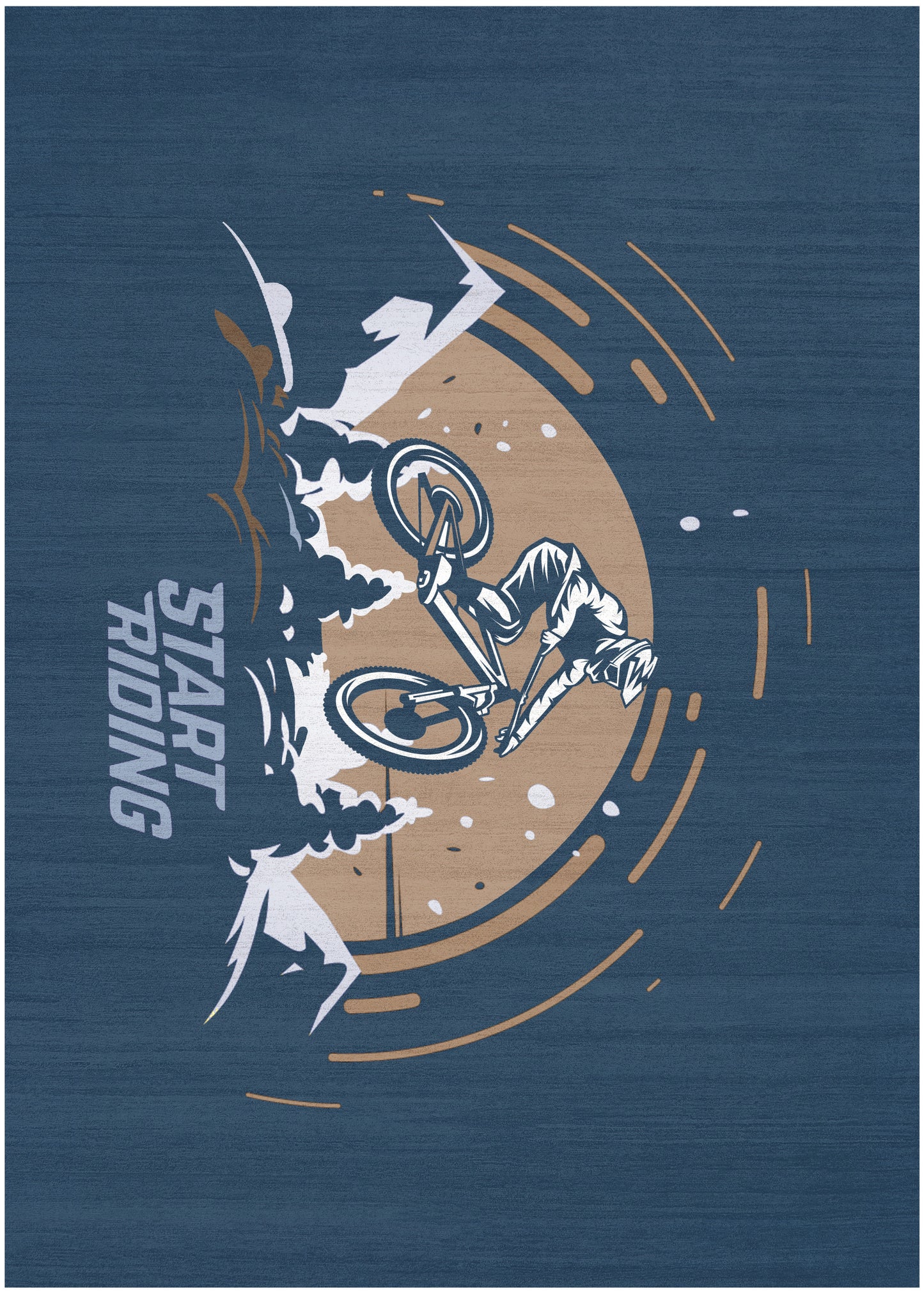 Blue kids rug with BMX rider graphic: tan circle, white rider, orange arcs, and START TRIKING text along the edge.
