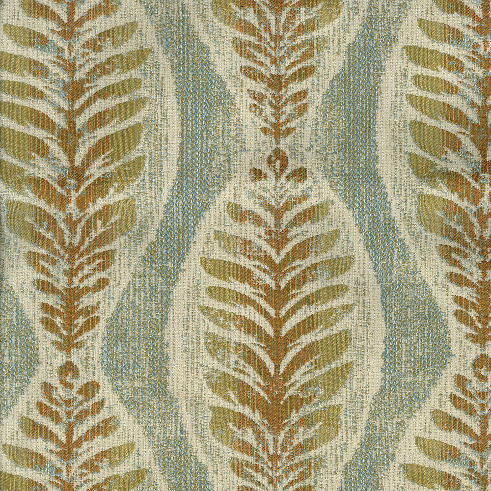 blue botanical stripe upholstery fabric by NicholasJohn in fresco tone with textured frond pattern, abstract contemporary designer fabric for sofas chairs cushions and home decor, durable luxury textile for coastal and modern interiors