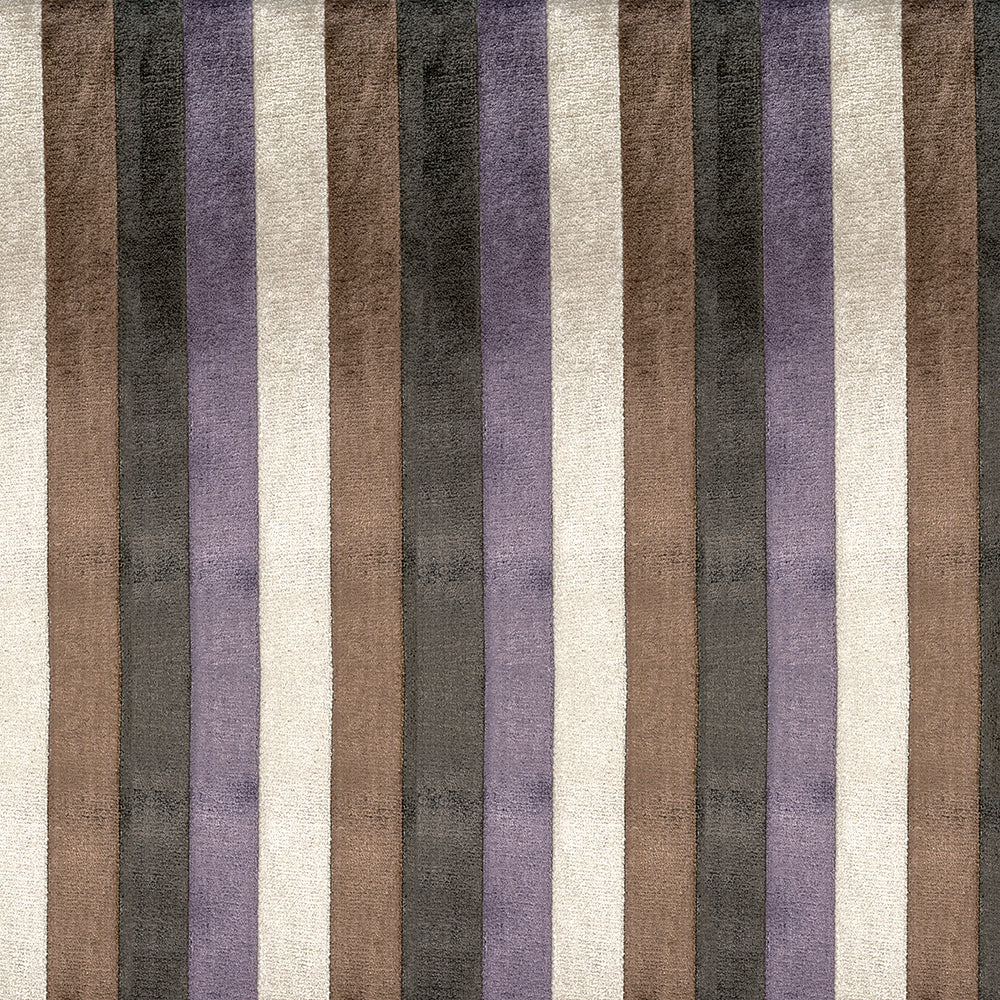 Rectangular rug with vertical striped pattern in brown, beige, cream, gray and purple; woven texture.