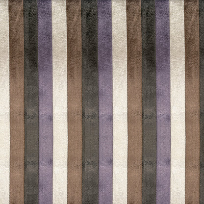 Rectangular rug with vertical striped pattern in brown, beige, cream, gray and purple; woven texture.