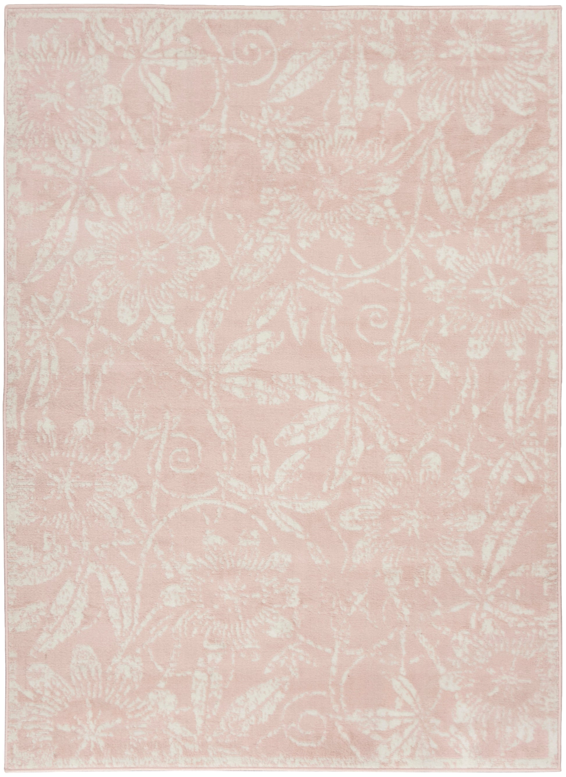 Soft pink area rug with white damask floral pattern & pale border.