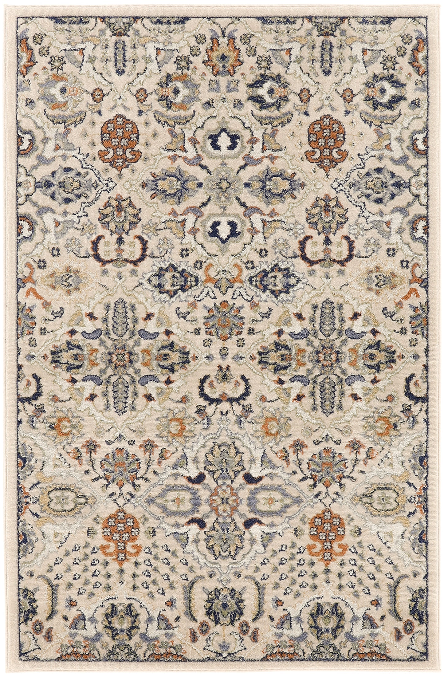 Rectangular Persian-inspired rug with cream base, navy, rust orange, and pale blue floral medallion pattern and borders.