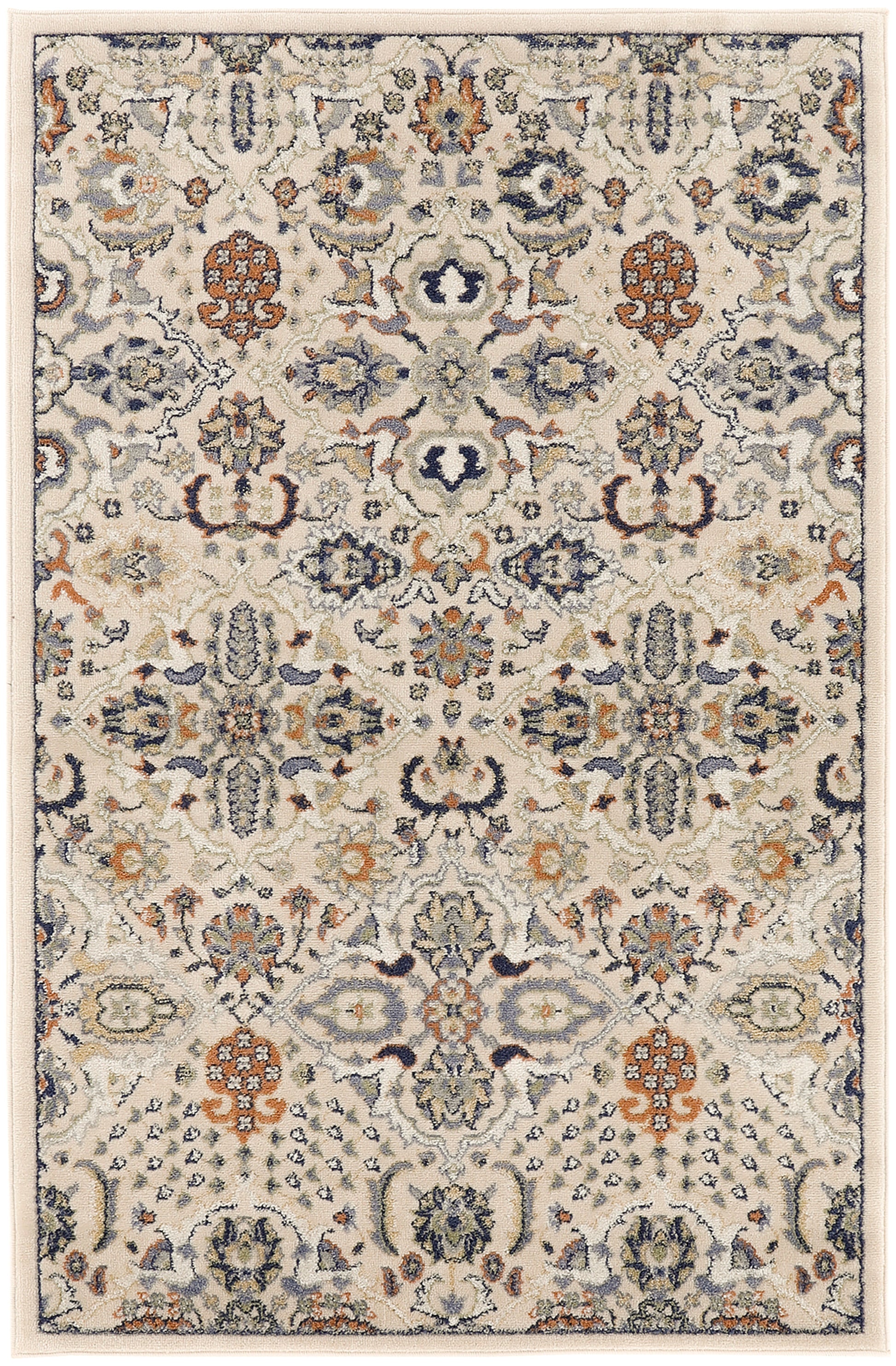 Rectangular Persian-inspired rug with cream base, navy, rust orange, and pale blue floral medallion pattern and borders.