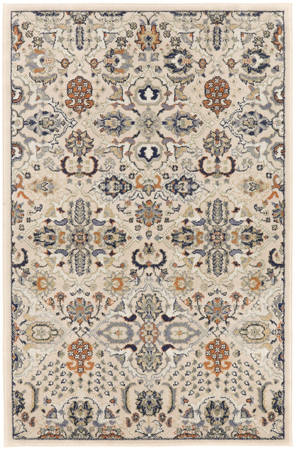 Rectangular Persian-inspired rug with cream base, navy, rust orange, and pale blue floral medallion pattern and borders.