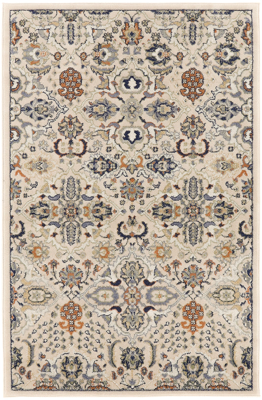 Rectangular Persian-inspired rug with cream base, navy, rust orange, and pale blue floral medallion pattern and borders.