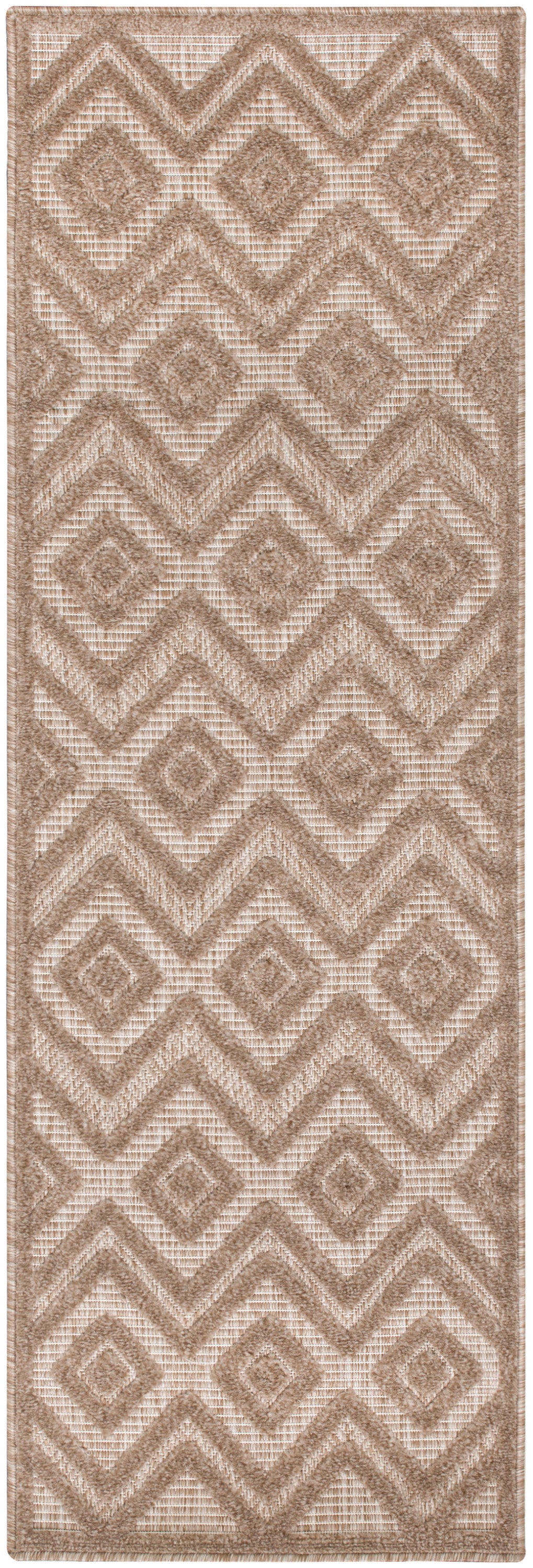 Beige geometric runner rug with diamond & chevron patterns, textured woven pile in neutral tones, 6' long.
